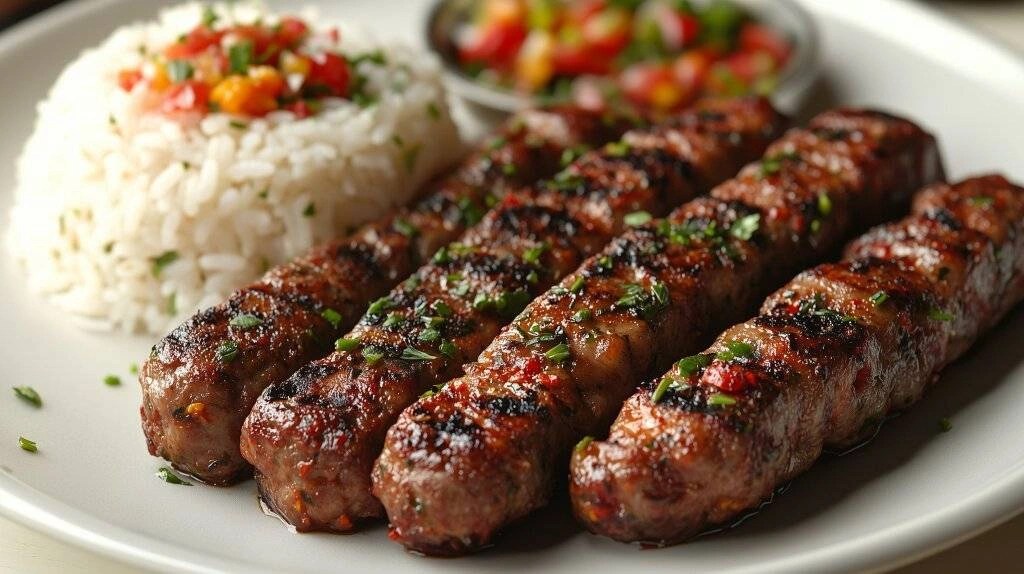 Ćevapi podane z ryżem i świeżą mieszanką drobno posiekanych warzyw w stylu pico de gallo.