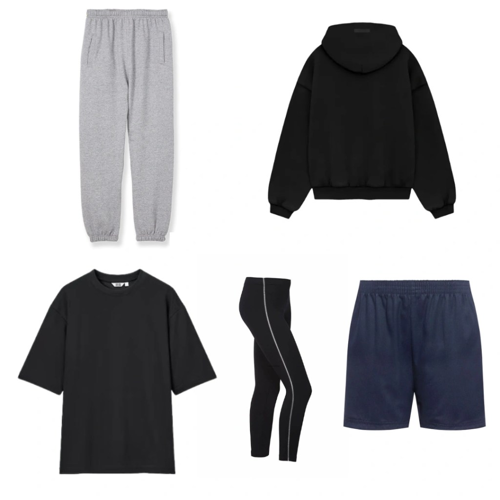 Zdjęcia wygodnych ubrań na białym tle, w tym dresy, bluza, luźne spodenki i koszulki.